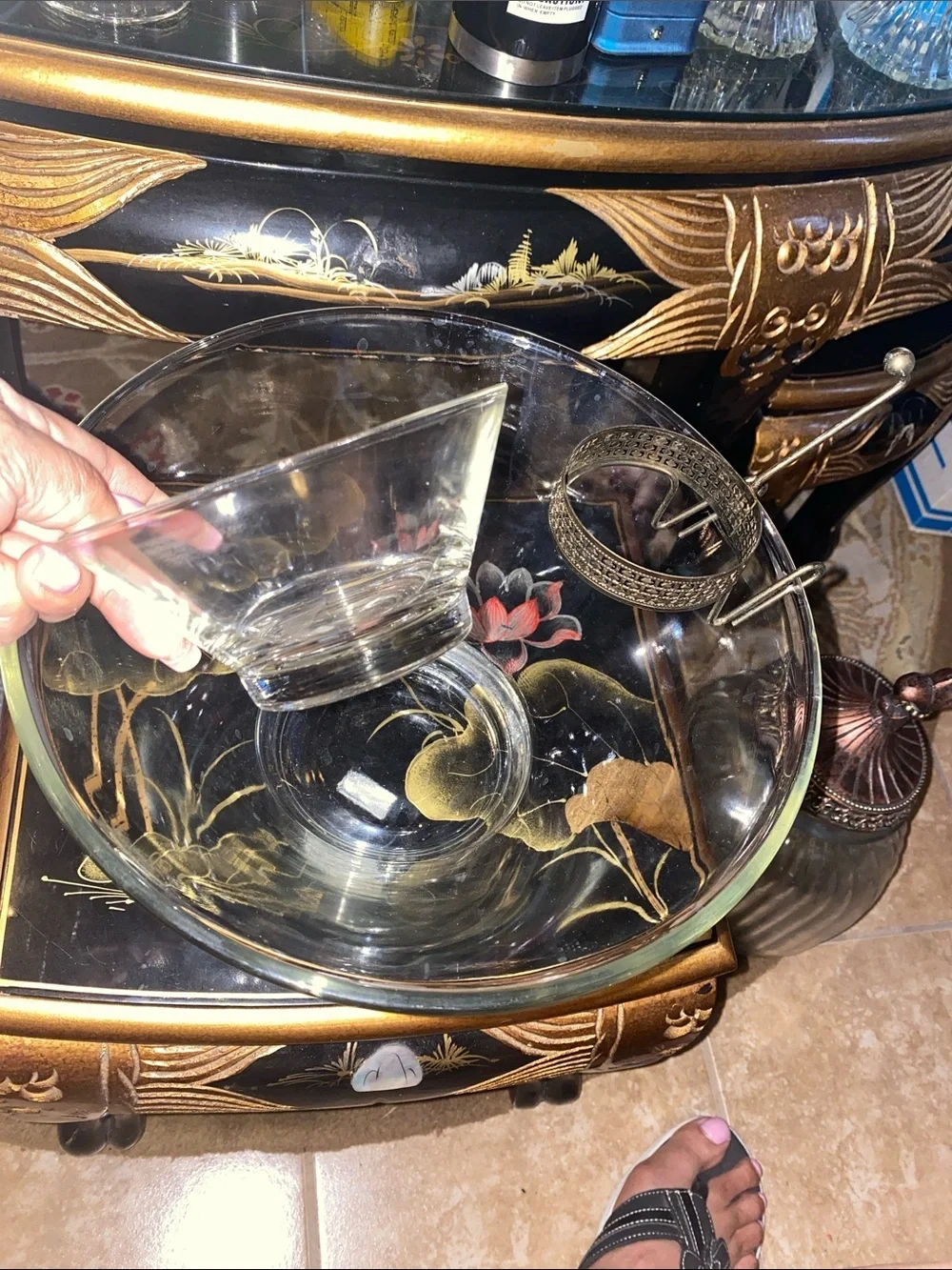 Vintage Clear Glass Chip Bowl with Attached Glass Dip Bowl